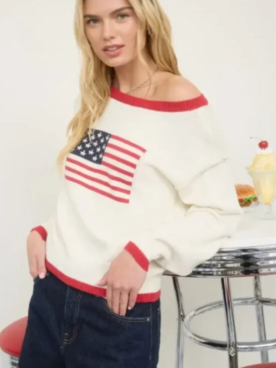 Contrast Trim American Flag Knit Pullover Sweater - Picture 3 of 3